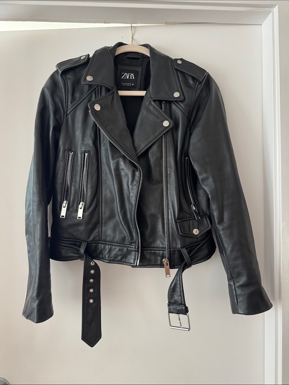 Zara Black Leather Moto Jacket with Silver Hardware and Belt